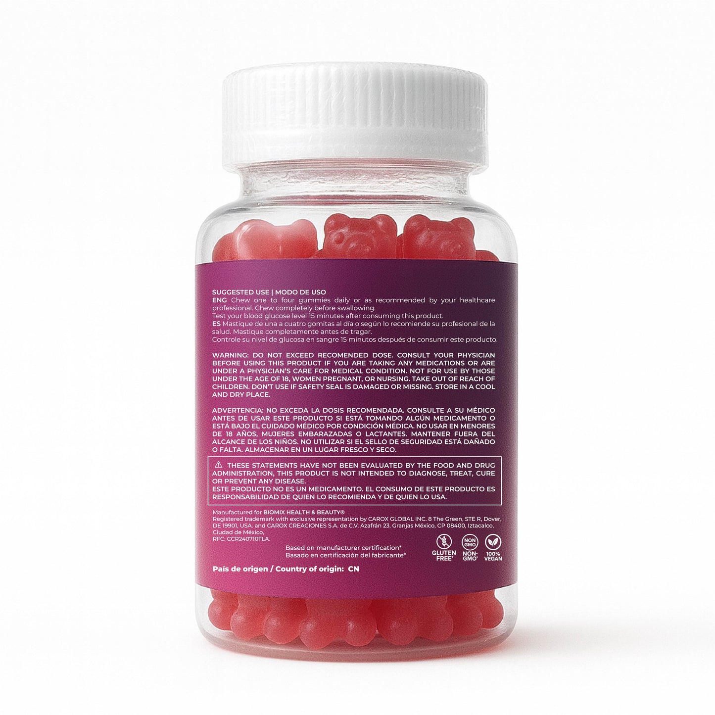 Fast-Acting Glucose Gummies 100% Vegan Gluten-Free, No Added Sugar - Mixed Berry Flavor - Jar with 60 Gummies of 3 gr