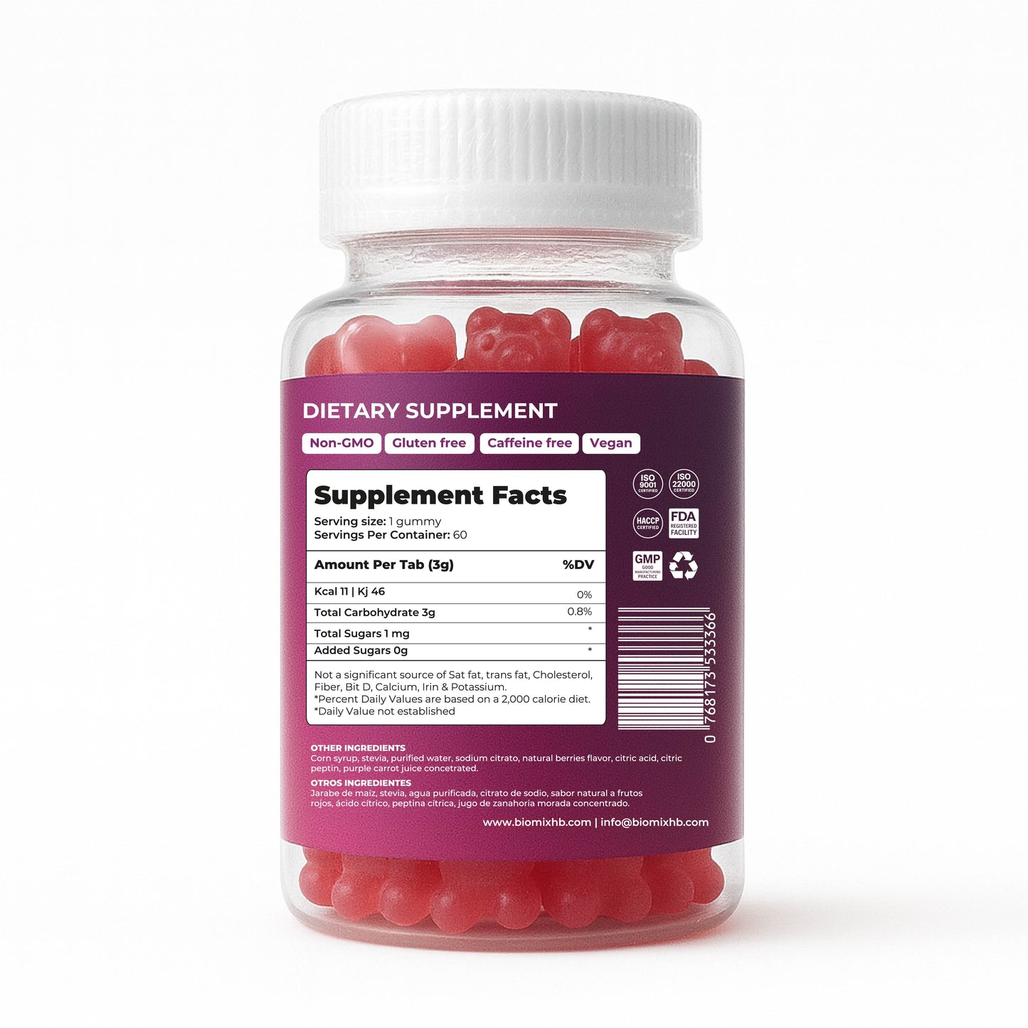 Fast-Acting Glucose Gummies 100% Vegan Gluten-Free, No Added Sugar - Mixed Berry Flavor - Jar with 60 Gummies of 3 gr