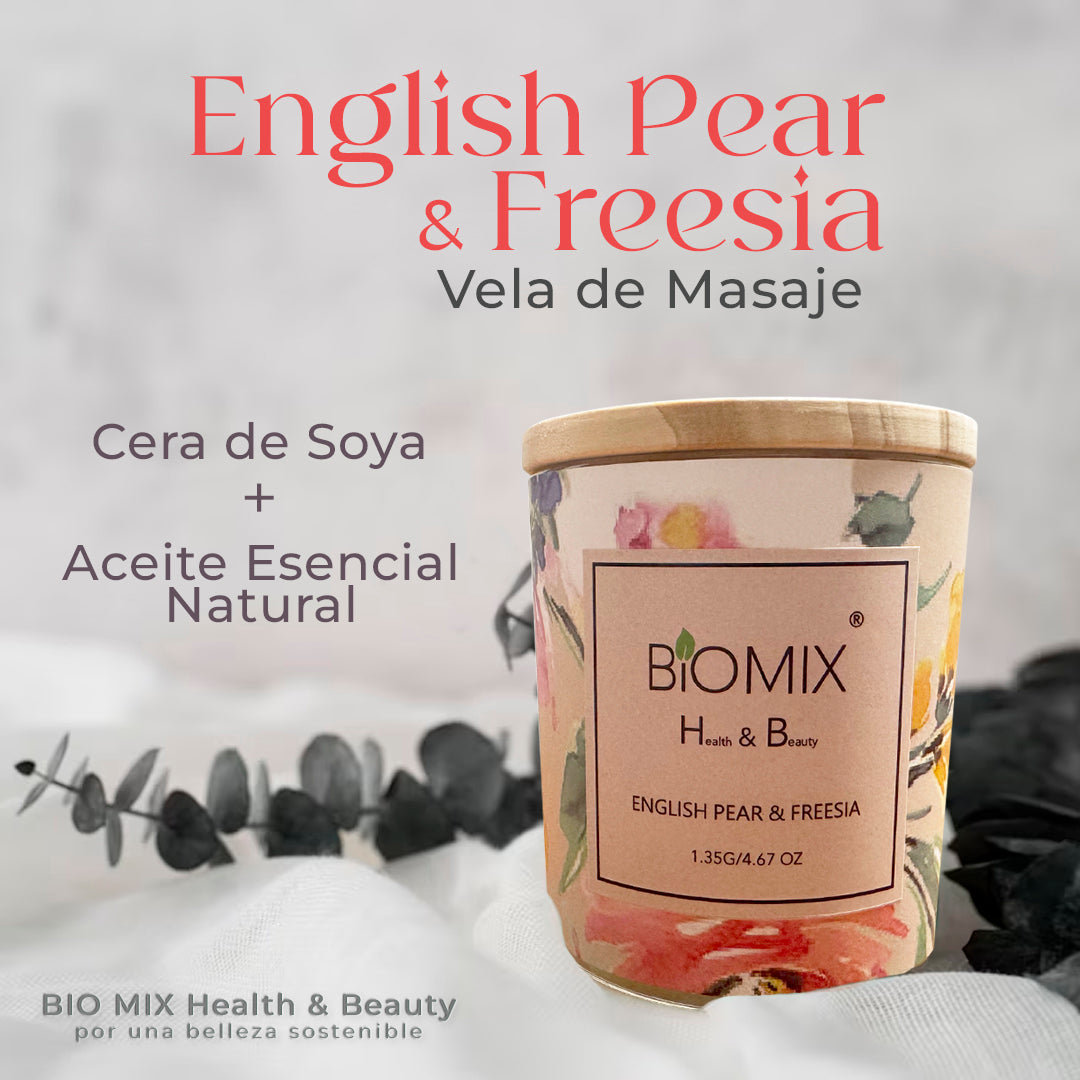 Vela de cera de Soya y Aceite Esencial de Pera Inglesa & Fressia para masajes, aromaterapia, 100% Vegana, Natural, 132 g con Caja de Lujo, Cristal y tapa de Bamboo
