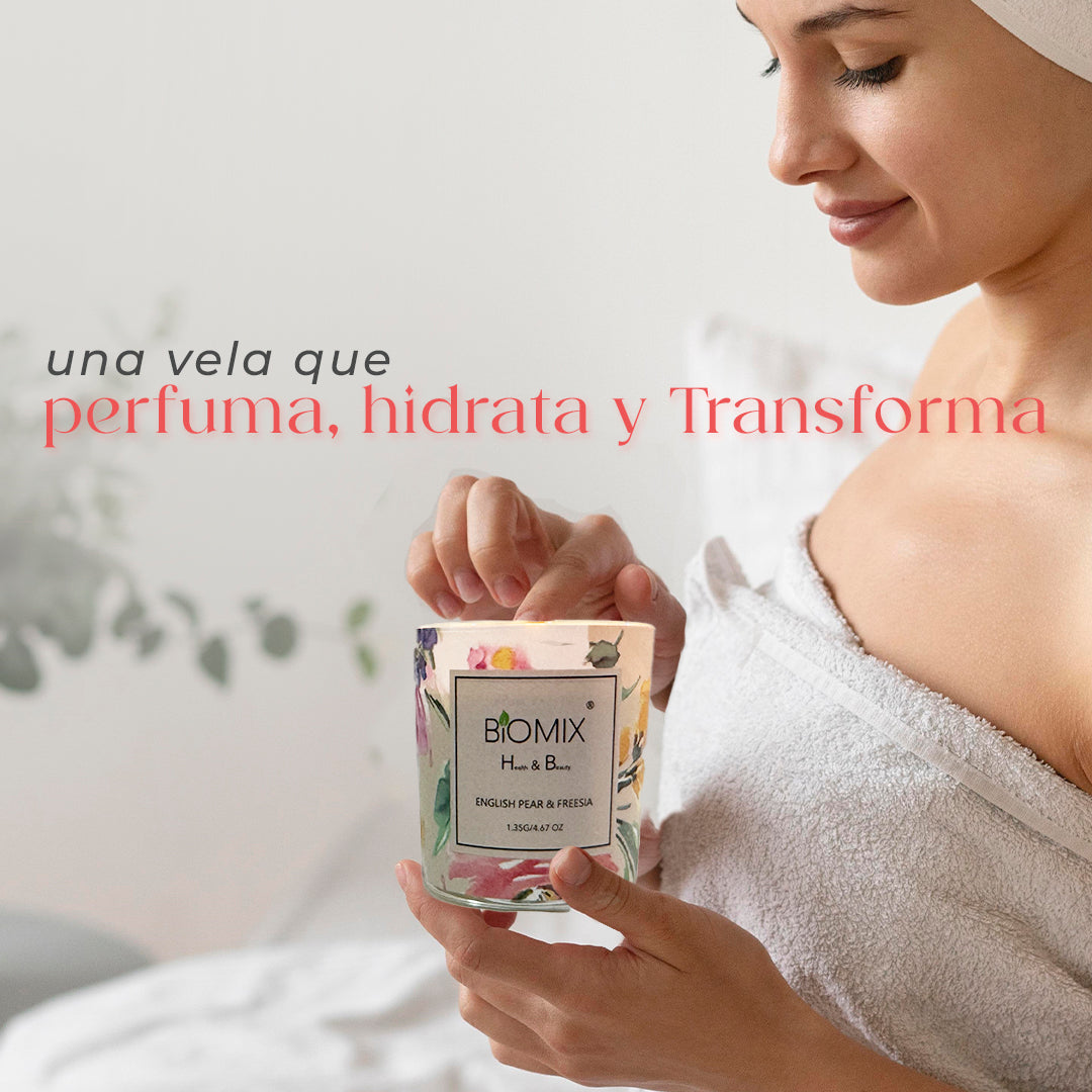 Vela de cera de Soya y Aceite Esencial de Pera Inglesa & Fressia para masajes, aromaterapia, 100% Vegana, Natural, 132 g con Caja de Lujo, Cristal y tapa de Bamboo