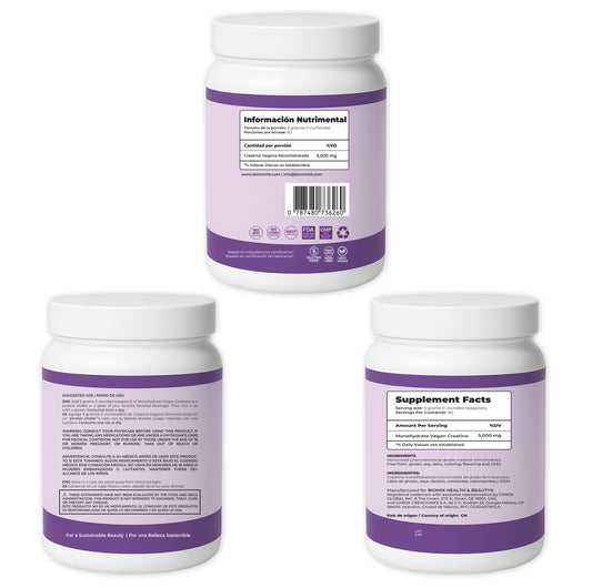 Creatina Micronizada Vegana Monohidratada Pura, Grado Premier 2X, Alta Absorción, Sin Gluten, Sin OGM, 60 Servicios