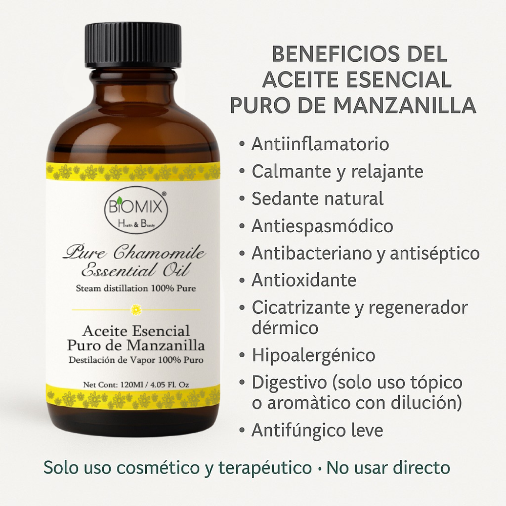 Aceite Esencial de Manzanilla Puro 120 ml · Grado Terapéutico · Uso Cosmético y Aromaterapia