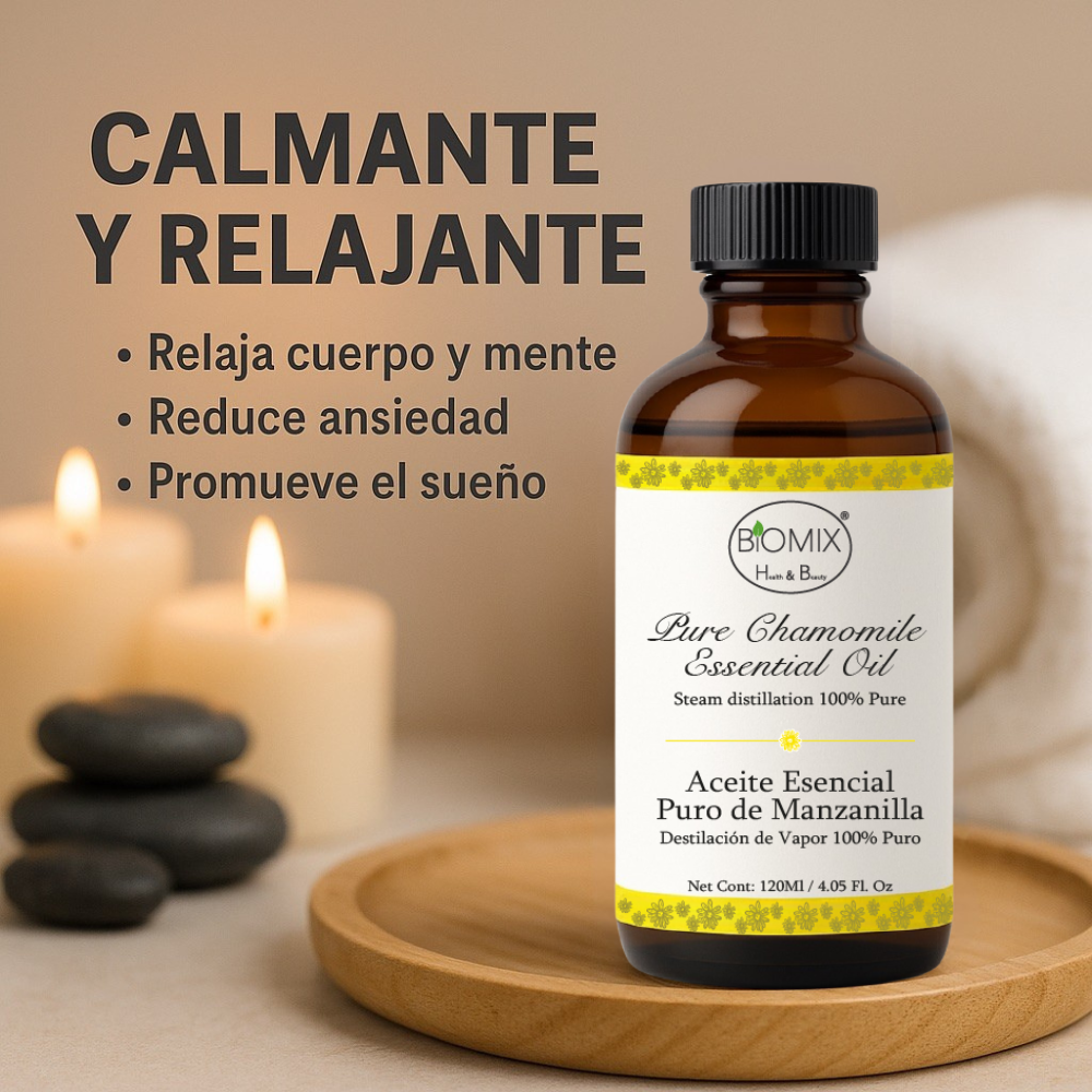 Aceite Esencial de Manzanilla Puro 120 ml · Grado Terapéutico · Uso Cosmético y Aromaterapia