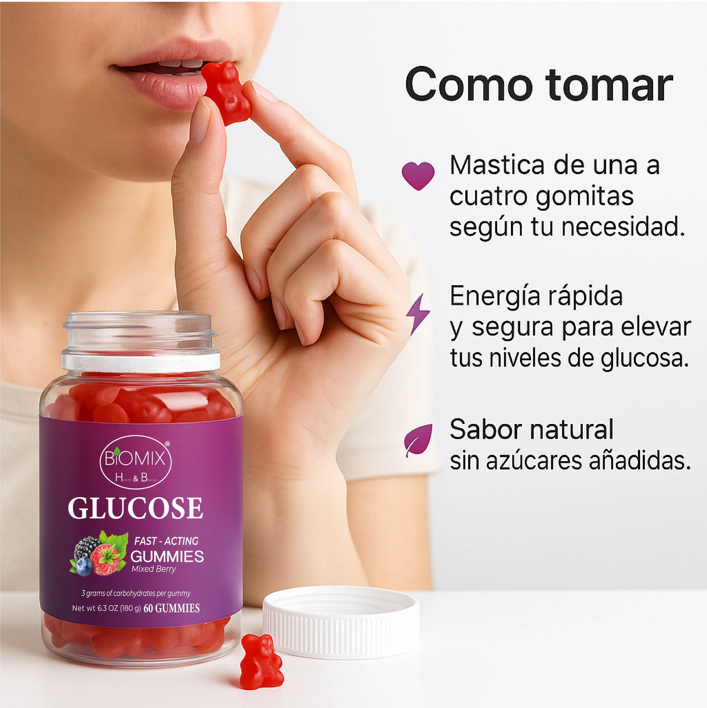 Fast-Acting Glucose Gummies 100% Vegan Gluten-Free, No Added Sugar - Mixed Berry Flavor - Jar with 60 Gummies of 3 gr