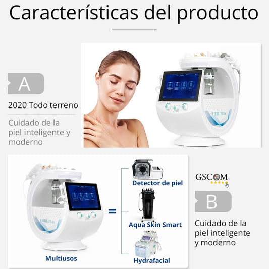 Radiofrecuencia Dorada 7 en 1  Hidrofacial con Análisis Facial IA, Pala Ultrasónica, Nano Spray, Ultrasonido y Cabezal Frío, Smart Ice Blue