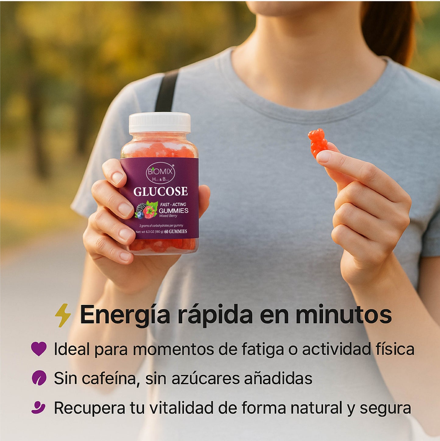 Fast-Acting Glucose Gummies 100% Vegan Gluten-Free, No Added Sugar - Mixed Berry Flavor - Jar with 60 Gummies of 3 gr