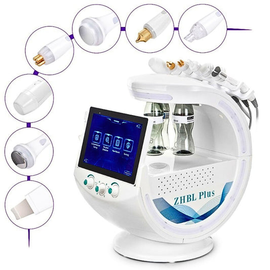 Radiofrecuencia Dorada 7 en 1  Hidrofacial con Análisis Facial IA, Pala Ultrasónica, Nano Spray, Ultrasonido y Cabezal Frío, Smart Ice Blue