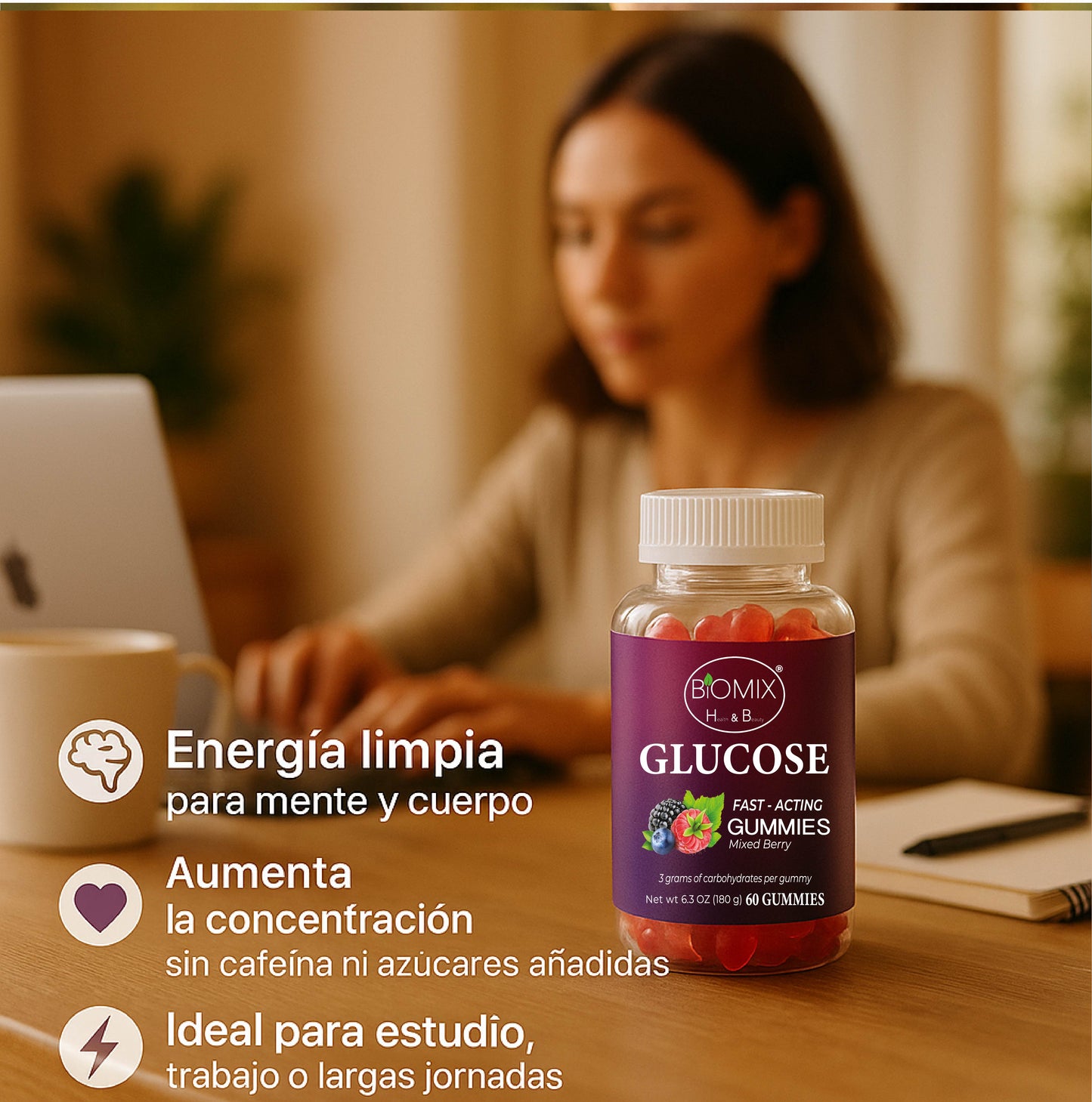 Fast-Acting Glucose Gummies 100% Vegan Gluten-Free, No Added Sugar - Mixed Berry Flavor - Jar with 60 Gummies of 3 gr