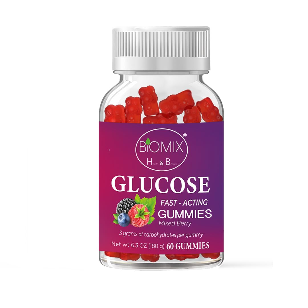 Gomitas De Glucosa De Acción Rápida 100% Veganas Libres de Gluten, Sin azúcares añadidas - Sabor Bayas Mixtas - Frasco con 60 Gomitas de 3 gr