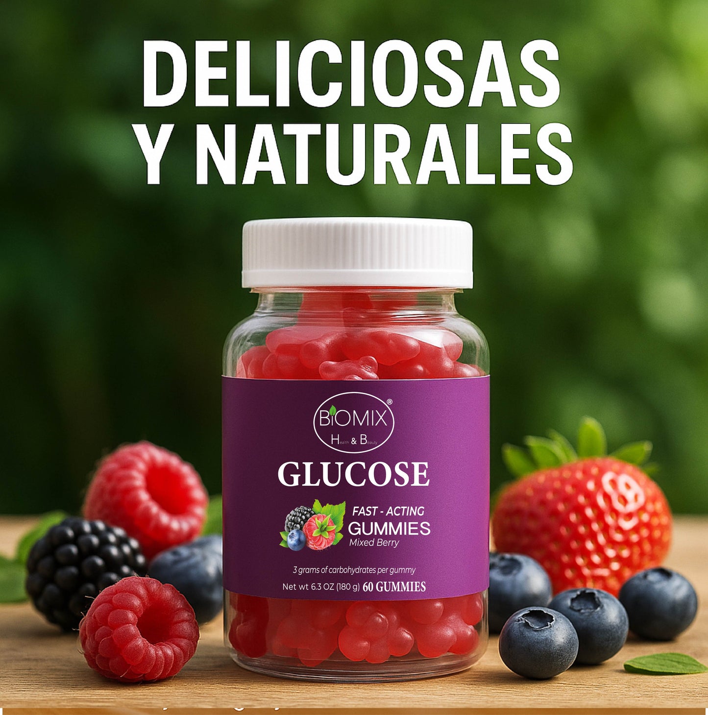 Fast-Acting Glucose Gummies 100% Vegan Gluten-Free, No Added Sugar - Mixed Berry Flavor - Jar with 60 Gummies of 3 gr