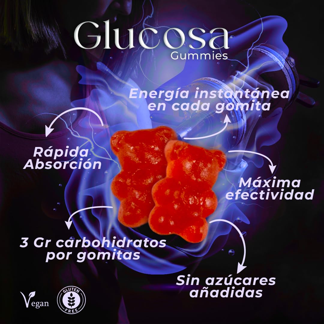 Gomitas De Glucosa De Acción Rápida 100% Veganas Libres de Gluten, Sin azúcares añadidas - Sabor Bayas Mixtas - Frasco con 60 Gomitas de 3 gr