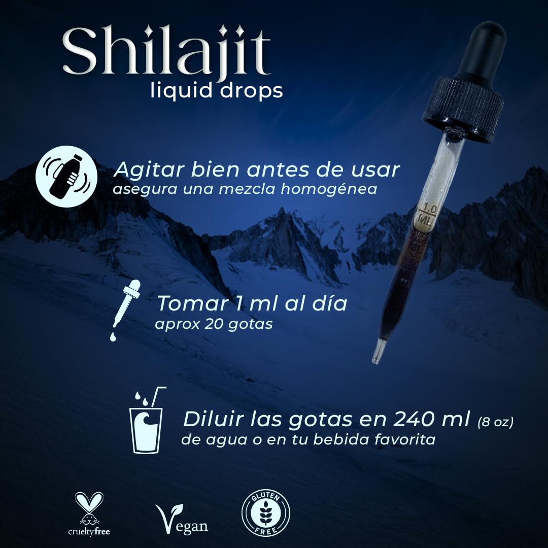 Gotas De Resina de Shilajit Puro Del Himalaya Suplemento Premium Vegano Natural 60 Porciones