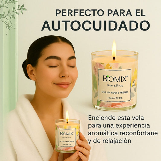 Soy Wax Candle with English Pear & Freesia Essential Oil for Massages, Aromatherapy, 100% Vegan, Natural, 132g with Luxury Box, Glass and Bamboo Lid