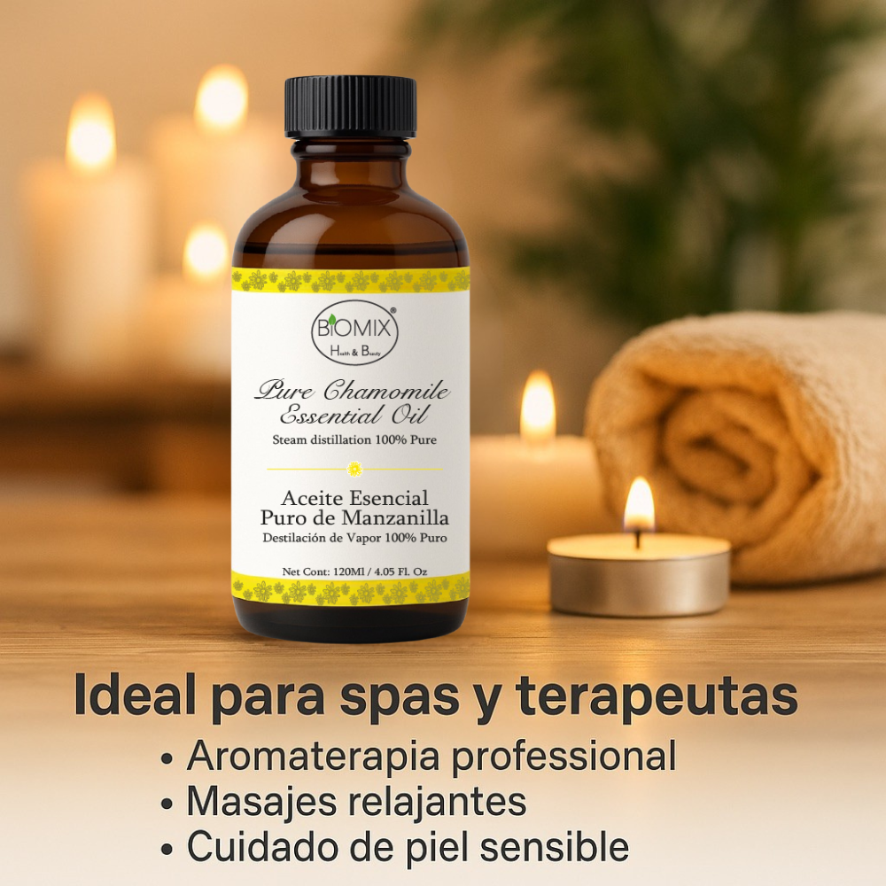 Aceite Esencial de Manzanilla Puro 120 ml · Grado Terapéutico · Uso Cosmético y Aromaterapia