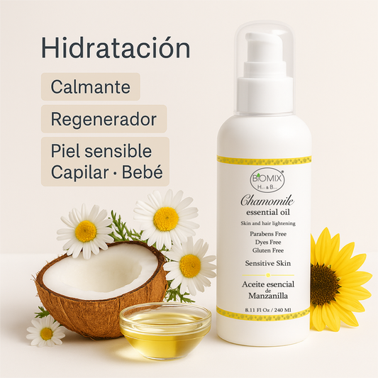 Aceite De Manzanilla Aclarante Para Cabello, Rostro Y Cuerpo 240 Ml. Uso en hogar, centros estético, spa, aparatología