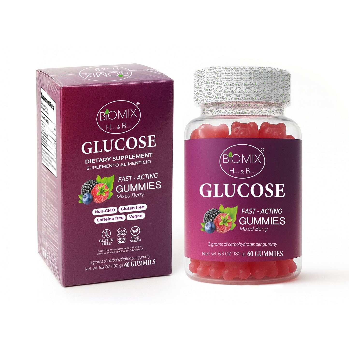 Fast-Acting Glucose Gummies 100% Vegan Gluten-Free, No Added Sugar - Mixed Berry Flavor - Jar with 60 Gummies of 3 gr