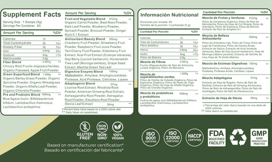 Super Greens Superfood Powder with Probiotics, Antioxidants, Fiber, and Enzymes for Making Sugar-Free and Gluten-Free Shakes (60 Servings)
