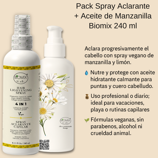 Pack Spray Aclarante + Aceite de Manzanilla Biomix 240ml | Cabello Luminoso, Nutrición y Cuidado Profesional | Vegano y Sin Parabenos