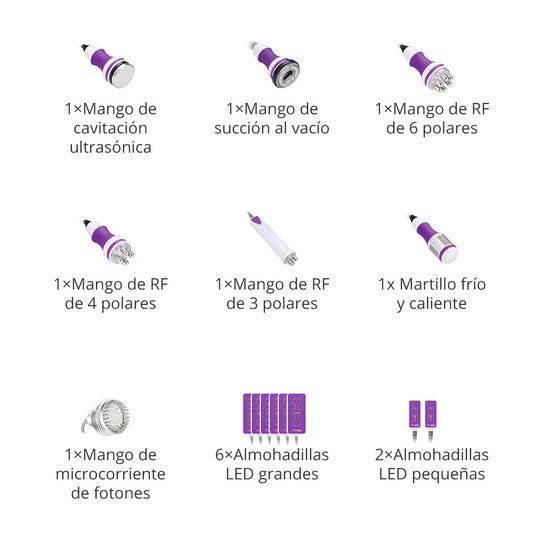 Equipo Multifuncional Radiofrecuencia 9 Funciones en 1 con Cavitación 2.0 Avanzada de 40K , Martillo, Vacum, Lipolaser 8 manerales Robustos