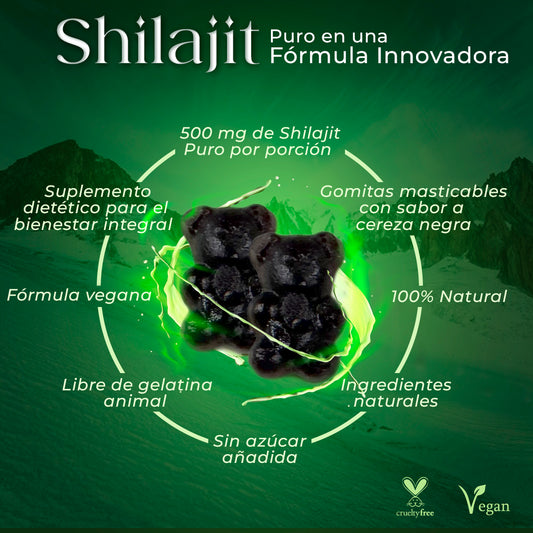 Gomitas de Shilajit Puro del Himalaya Premium a 18000 Pies de Altitud,  Veganas, Sin Gluten, Sin azúcares añadidas 30 Servicios