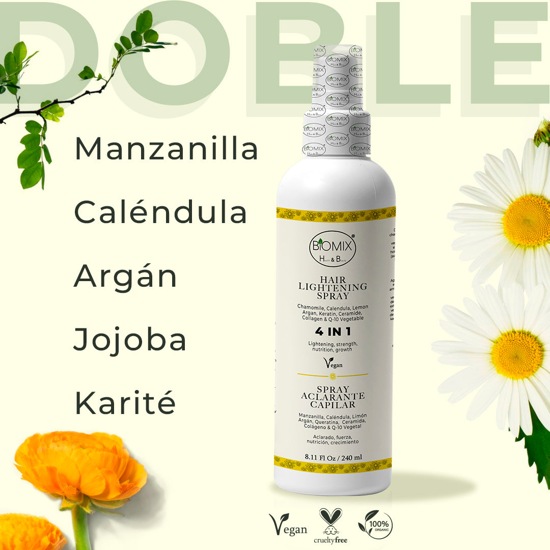 Spray Aclarante  Vegano para Cabello con Manzanilla, Limón, Argán, Q1O, Ceramida, Colágeno vegetal 240 Ml