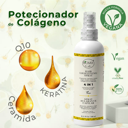 Spray Aclarante  Vegano para Cabello con Manzanilla, Limón, Argán, Q1O, Ceramida, Colágeno vegetal 240 Ml