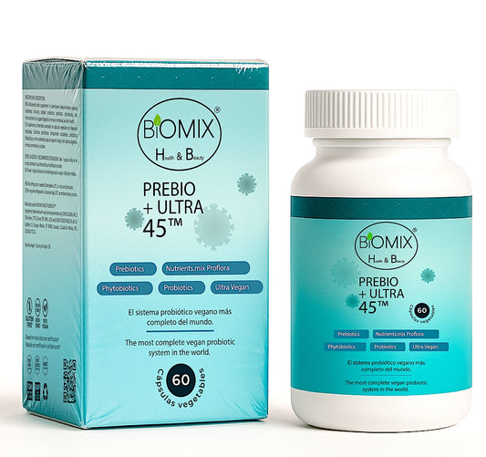 PREBIO+ ULTRA 45, Probiótico Vegano 45 Billones CFU + Prebióticos + Cúrcuma + Jengibre 100% Vegano, Sin Gluten (El sistema probiótico vegano más completo del mundo) 60 Servicios