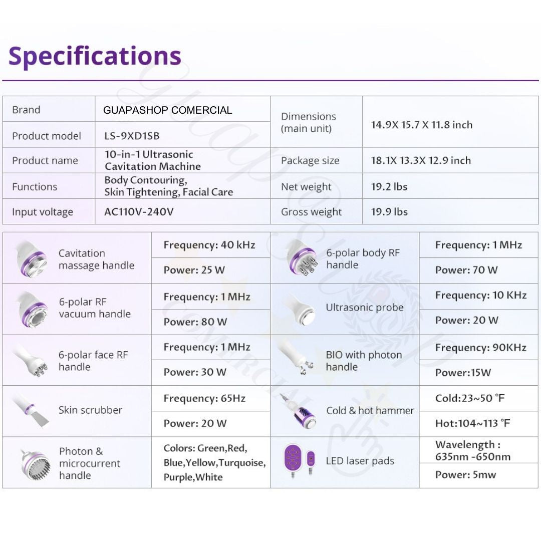 Equipo Multifuncional De Radiofrecuencia 10 En 1 Con Cavitación 2.5 Ultrasónica Avanzada, Lipo Láser, Bio Fotón, Ultrasonido, Microcorriente, Depurador Facial