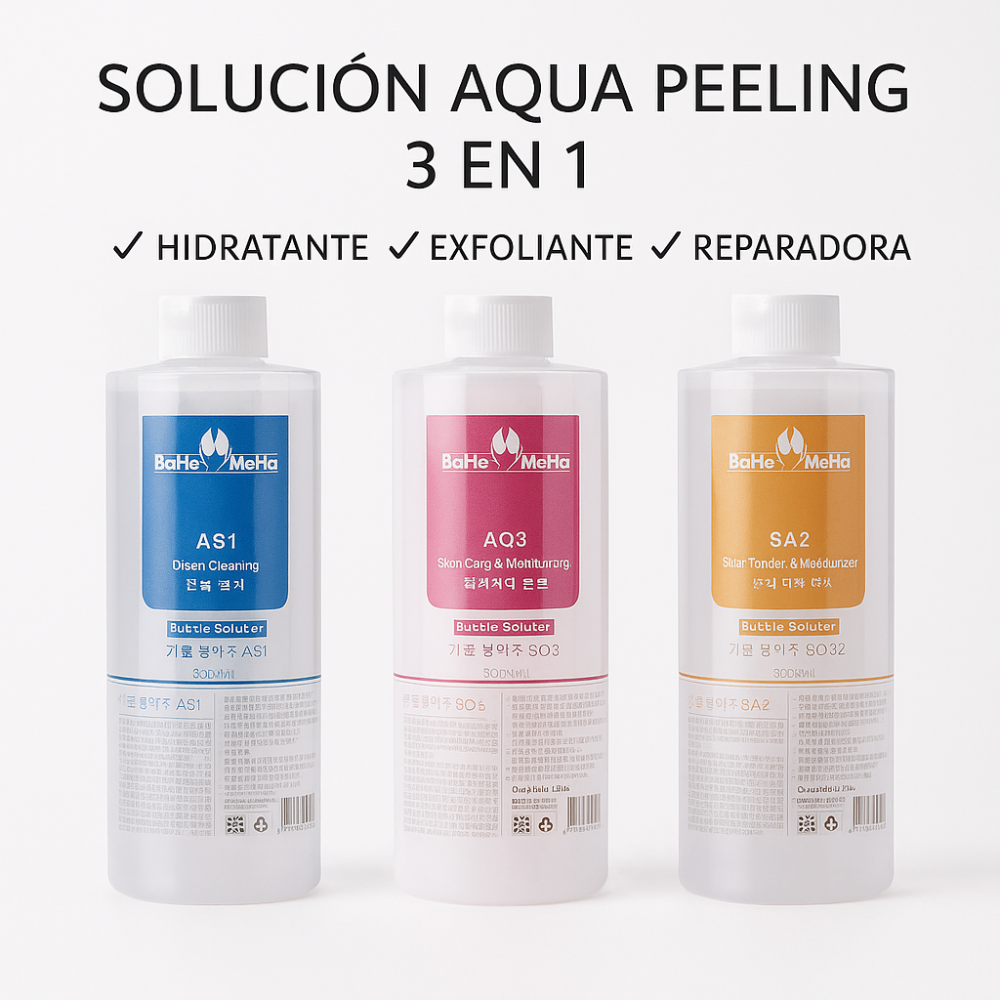 Set Aqua Peeling Profesional Original para Hydra Facial, dermoabrasión ◾Soluciones AS1 + SA2 + AO3 (400 ml)  – Rejuvenece • Hidrata • Purifica