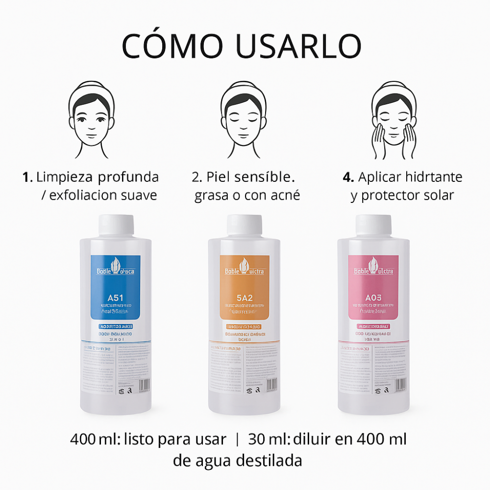 Set Aqua Peeling Profesional Original para Hydra Facial, dermoabrasión ◾Soluciones AS1 + SA2 + AO3 (400 ml)  – Rejuvenece • Hidrata • Purifica