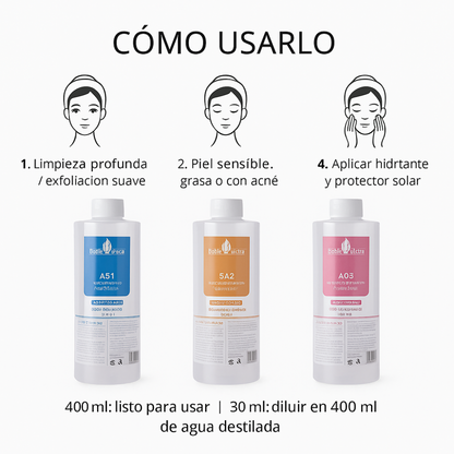 Set Aqua Peeling Profesional Original para Hydra Facial, dermoabrasión ◾Soluciones AS1 + SA2 + AO3 (400 ml)  – Rejuvenece • Hidrata • Purifica