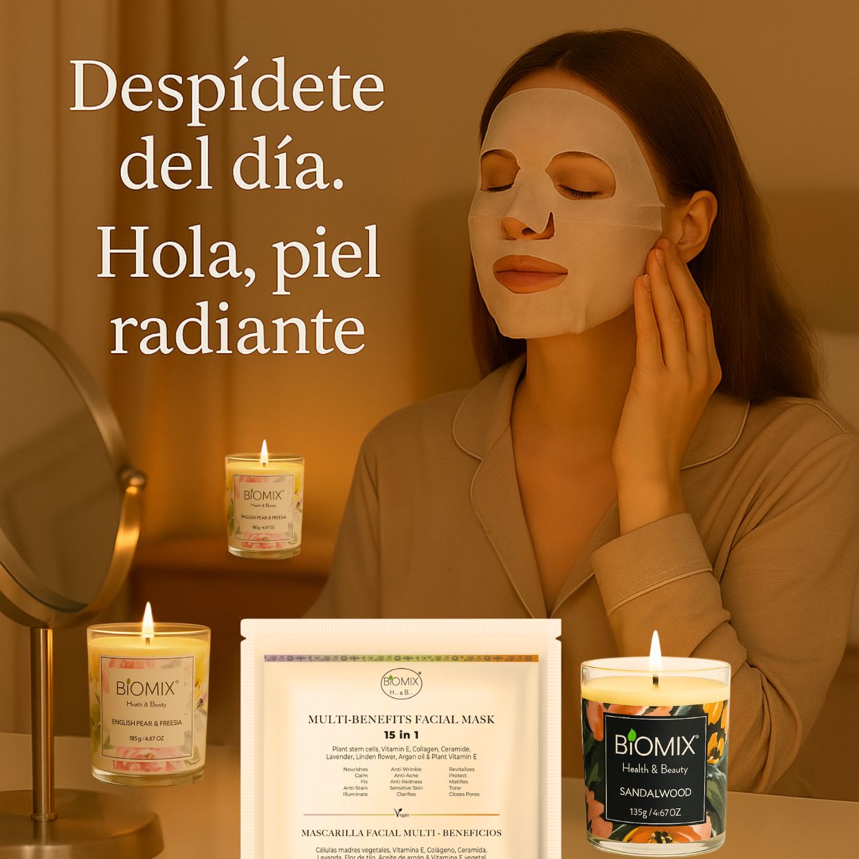 Premium Spa Set: 2 Candles with Sandalwood and Freesia Essential Oils + 4 15-in-1 Masks with Stem Cells, Collagen, Argan, and Ceramides | Vegan