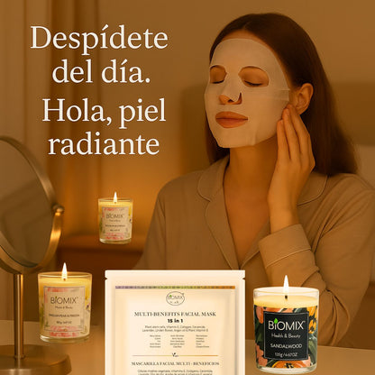 Premium Spa Set: 2 Candles with Sandalwood and Freesia Essential Oils + 4 15-in-1 Masks with Stem Cells, Collagen, Argan, and Ceramides | Vegan