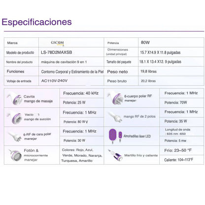 Multifuncional 9 en 1 Pro 2.5  para Spa y Estética Cavitación 40K, Radiofrecuencia, Succión al Vacío, Fototerapia LED, Láser Lipolítico y Rejuvenecimiento Facial , Remodelación Corporal, Reafirmación de la Piel, Eliminación de Celulitis, Drenaje linfático