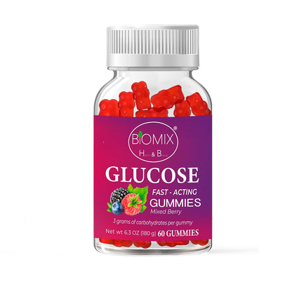 Gomitas De Glucosa De Acción Rápida 100% Veganas Libres de Gluten, Sin azúcares añadidas - Sabor Bayas Mixtas - Frasco con 60 Gomitas de 3 gr
