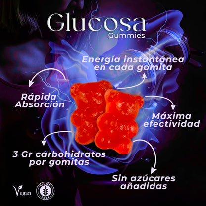 Gomitas De Glucosa De Acción Rápida 100% Veganas Libres de Gluten, Sin azúcares añadidas - Sabor Bayas Mixtas - Frasco con 60 Gomitas de 3 gr