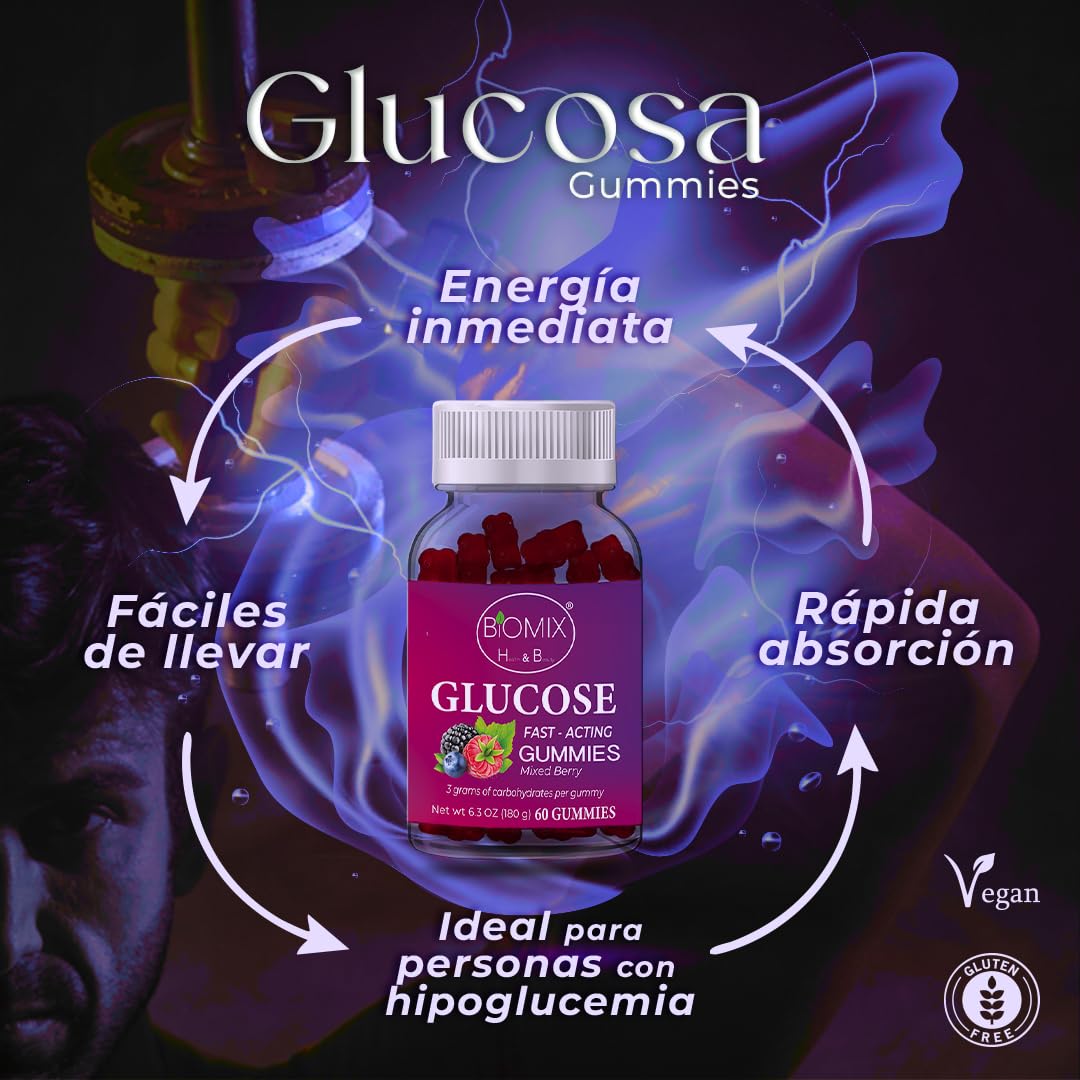 Gomitas De Glucosa De Acción Rápida 100% Veganas Libres de Gluten, Sin azúcares añadidas - Sabor Bayas Mixtas - Frasco con 60 Gomitas de 3 gr