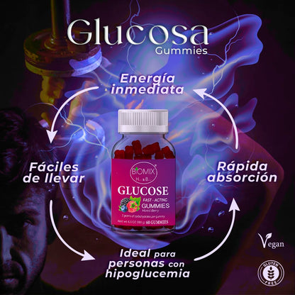 Gomitas De Glucosa De Acción Rápida 100% Veganas Libres de Gluten, Sin azúcares añadidas - Sabor Bayas Mixtas - Frasco con 60 Gomitas de 3 gr