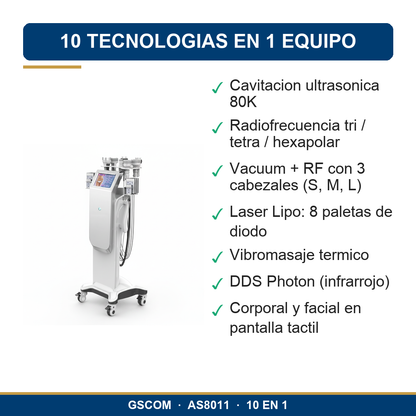 Equipo Multifuncional 10 en 1 80K Cavitacion RF Vacuum Laser Lipo Torre Profesional GSCOM AS8011