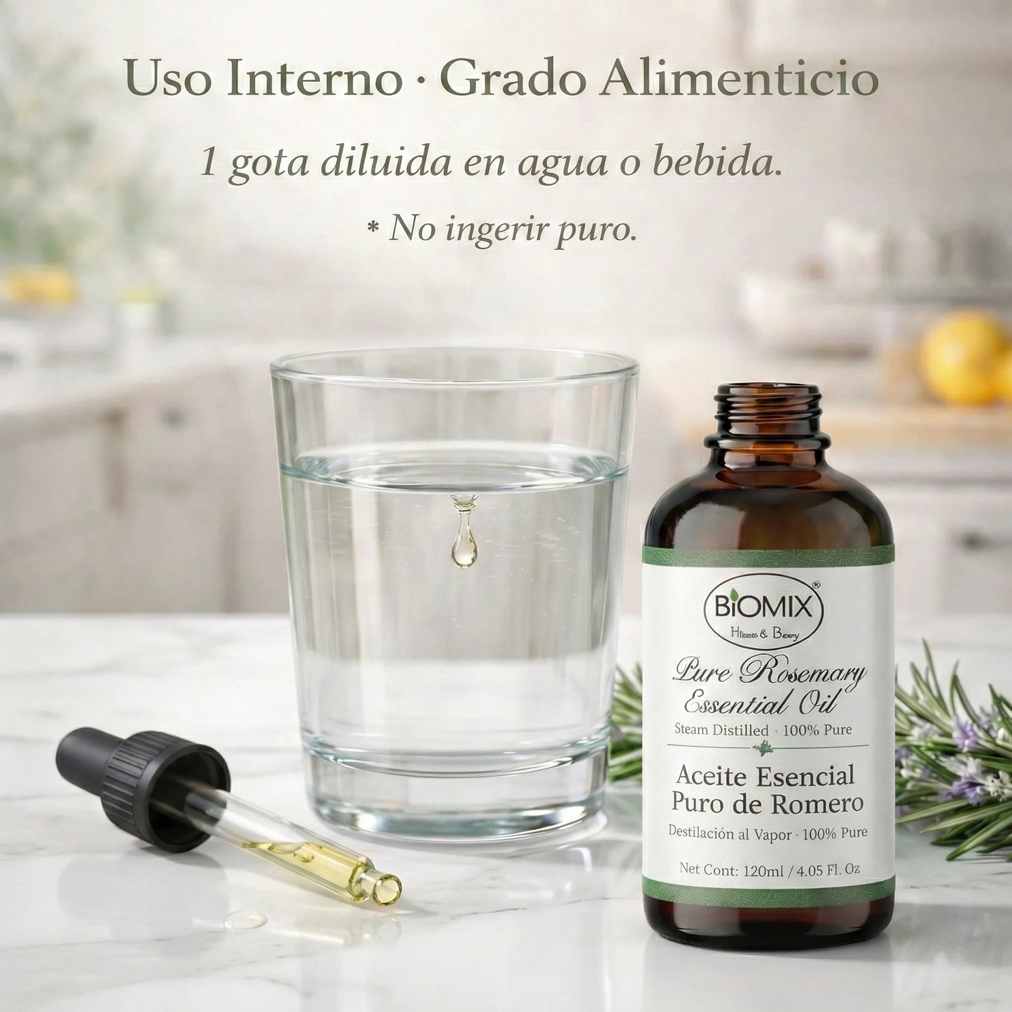 Aceite Esencial 100% Puro de Romero grado Alimenticio, Terapéutico 4 Fl. Oz / 120 Ml