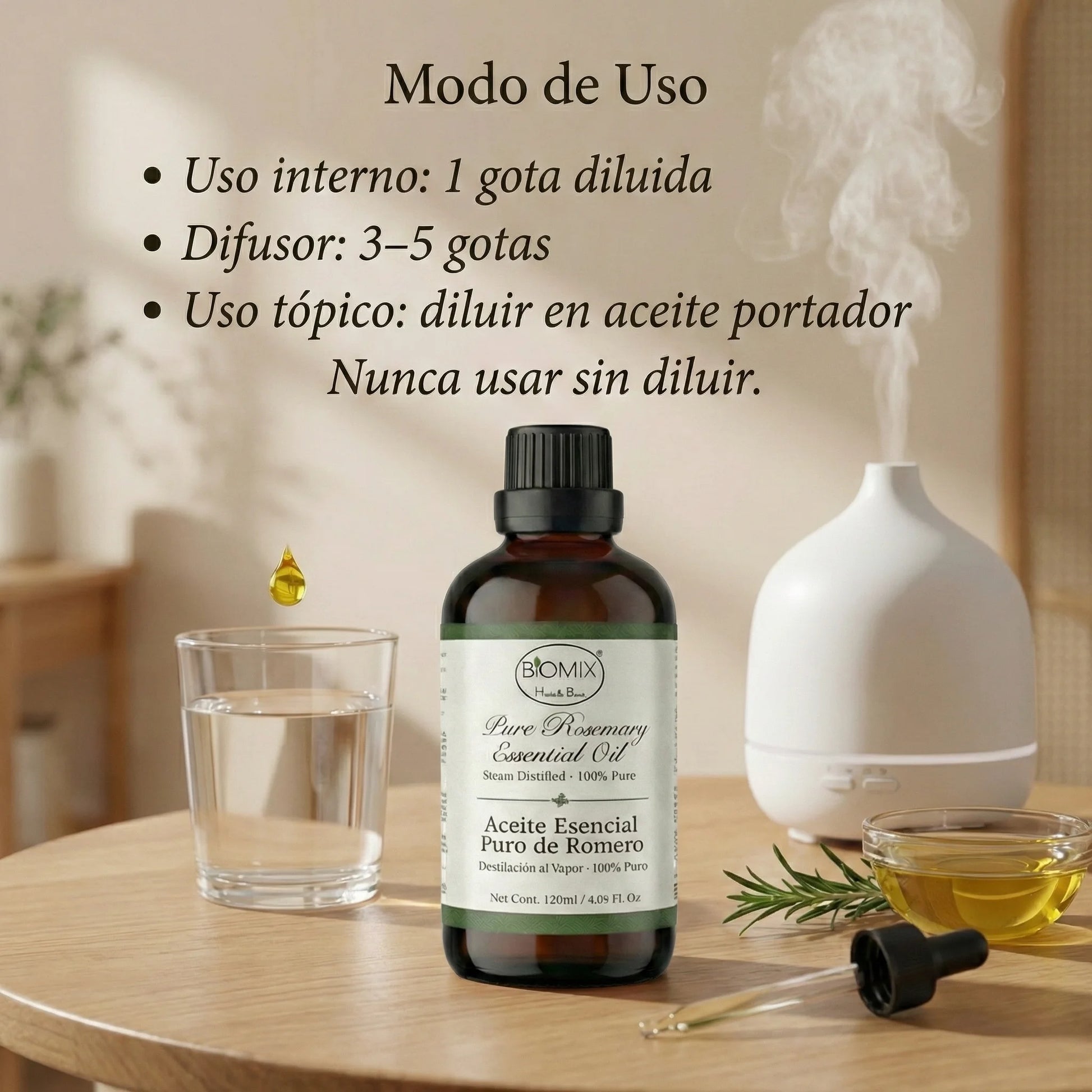 Aceite Esencial 100% Puro de Romero grado Alimenticio, Terapéutico 4 Fl. Oz / 120 Ml