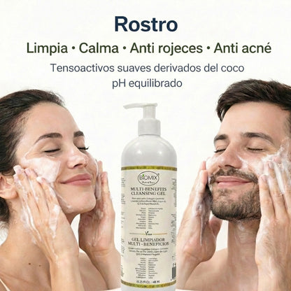 BIOMIX Gel Limpiador Multi- Beneficios 15 en 1, Células Madre Vegetales, Potenciador de Colágeno vegetal, Ceramida de Arroz, Aceite de Argán, Q10 vegetal, Vitamina E, Manteca de Karité, Jojoba, Extracto de Lavanda y más 480ml/16.23 Fl.Oz.