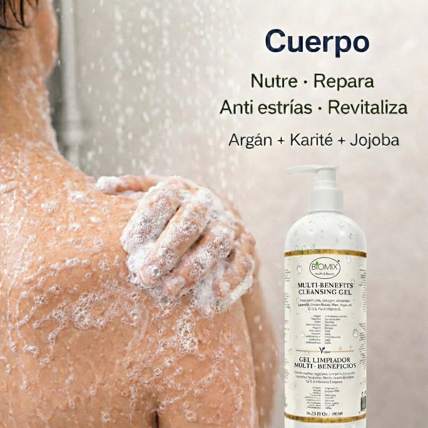 BIOMIX Gel Limpiador Multi- Beneficios 15 en 1, Células Madre Vegetales, Potenciador de Colágeno vegetal, Ceramida de Arroz, Aceite de Argán, Q10 vegetal, Vitamina E, Manteca de Karité, Jojoba, Extracto de Lavanda y más 480ml/16.23 Fl.Oz.