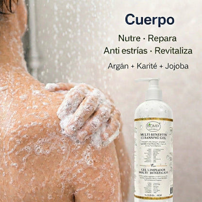 BIOMIX Gel Limpiador Multi- Beneficios 15 en 1, Células Madre Vegetales, Potenciador de Colágeno vegetal, Ceramida de Arroz, Aceite de Argán, Q10 vegetal, Vitamina E, Manteca de Karité, Jojoba, Extracto de Lavanda y más 480ml/16.23 Fl.Oz.
