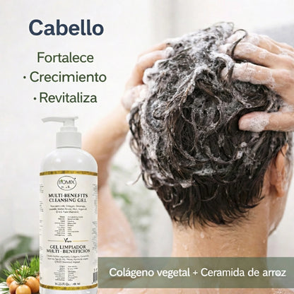 BIOMIX Gel Limpiador Multi- Beneficios 15 en 1, Células Madre Vegetales, Potenciador de Colágeno vegetal, Ceramida de Arroz, Aceite de Argán, Q10 vegetal, Vitamina E, Manteca de Karité, Jojoba, Extracto de Lavanda y más 480ml/16.23 Fl.Oz.