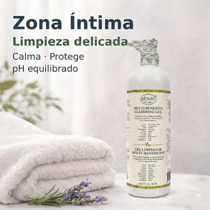 BIOMIX Gel Limpiador Multi- Beneficios 15 en 1, Células Madre Vegetales, Potenciador de Colágeno vegetal, Ceramida de Arroz, Aceite de Argán, Q10 vegetal, Vitamina E, Manteca de Karité, Jojoba, Extracto de Lavanda y más 480ml/16.23 Fl.Oz.