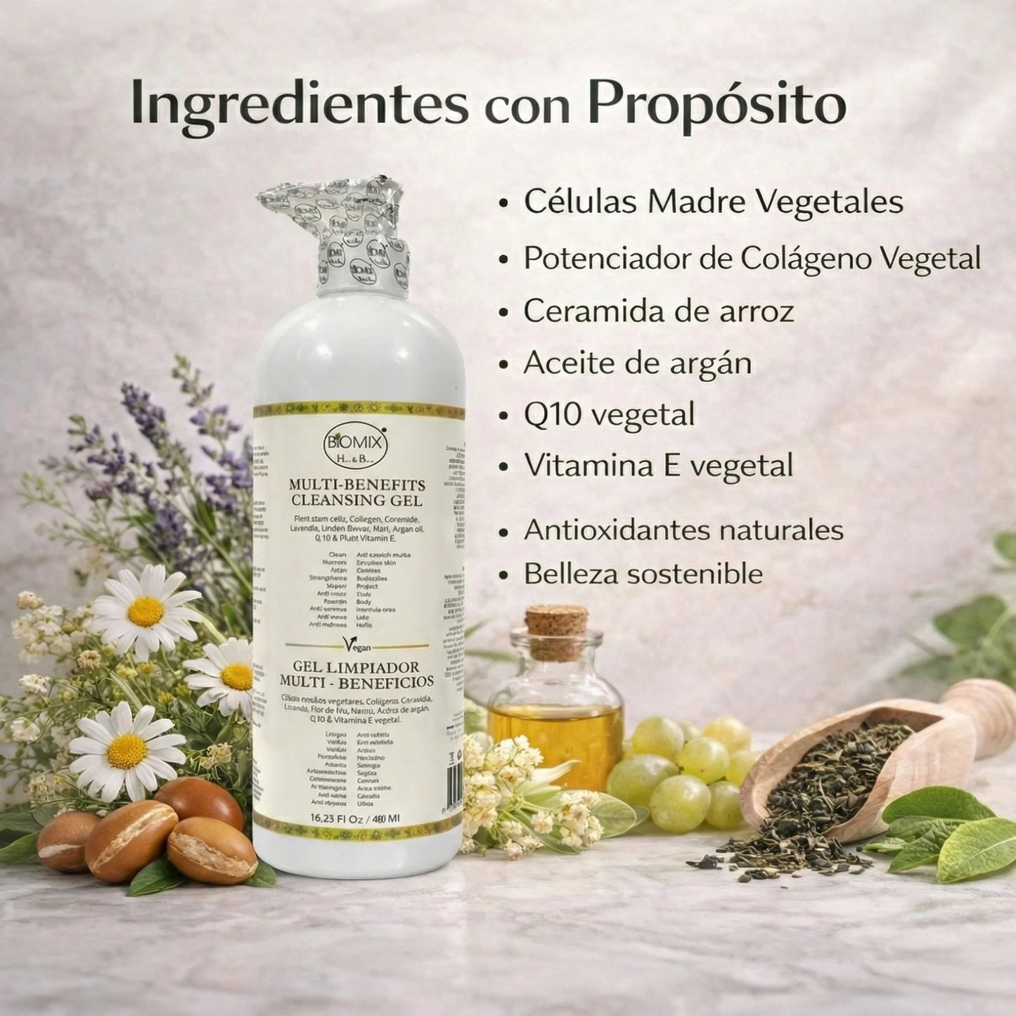 BIOMIX Gel Limpiador Multi- Beneficios 15 en 1, Células Madre Vegetales, Potenciador de Colágeno vegetal, Ceramida de Arroz, Aceite de Argán, Q10 vegetal, Vitamina E, Manteca de Karité, Jojoba, Extracto de Lavanda y más 480ml/16.23 Fl.Oz.