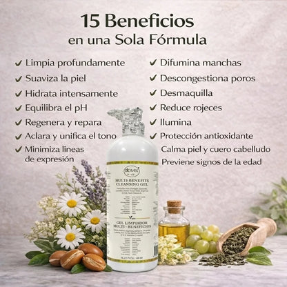 BIOMIX Gel Limpiador Multi- Beneficios 15 en 1, Células Madre Vegetales, Potenciador de Colágeno vegetal, Ceramida de Arroz, Aceite de Argán, Q10 vegetal, Vitamina E, Manteca de Karité, Jojoba, Extracto de Lavanda y más 480ml/16.23 Fl.Oz.