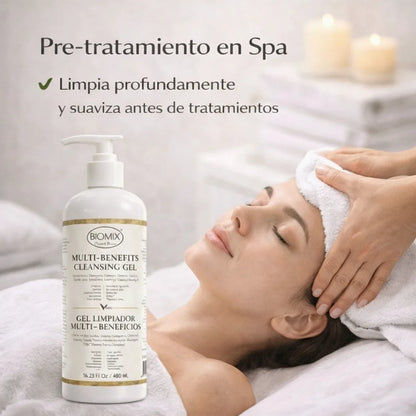 BIOMIX Gel Limpiador Multi- Beneficios 15 en 1, Células Madre Vegetales, Potenciador de Colágeno vegetal, Ceramida de Arroz, Aceite de Argán, Q10 vegetal, Vitamina E, Manteca de Karité, Jojoba, Extracto de Lavanda y más 480ml/16.23 Fl.Oz.
