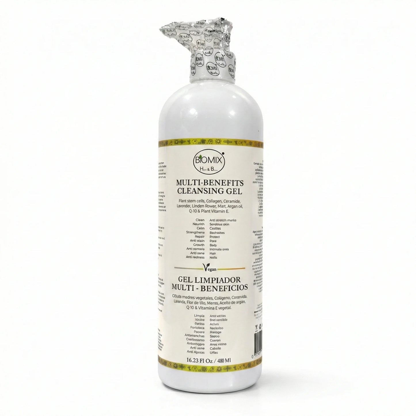 BIOMIX Gel Limpiador Multi- Beneficios 15 en 1, Células Madre Vegetales, Potenciador de Colágeno vegetal, Ceramida de Arroz, Aceite de Argán, Q10 vegetal, Vitamina E, Manteca de Karité, Jojoba, Extracto de Lavanda y más 480ml/16.23 Fl.Oz.